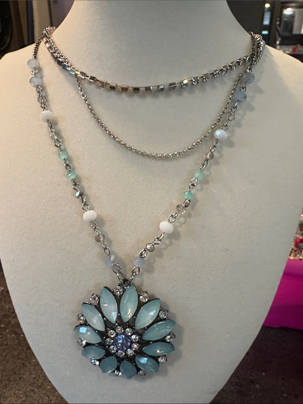 Silver-Tone Necklace with Aqua Floral Pendant - Women Jewelry